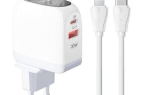 Kucni punjac LDNIO A2522C QC3.0, PD, PPS, LED Display, 30W sa Type C na iPhone lightning kablom beli