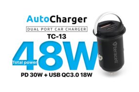 Auto punjac Teracell Evolution TC-13 PD 30W + USB QC3.0 18W, 48W (total) sa PD Type C kablom crni